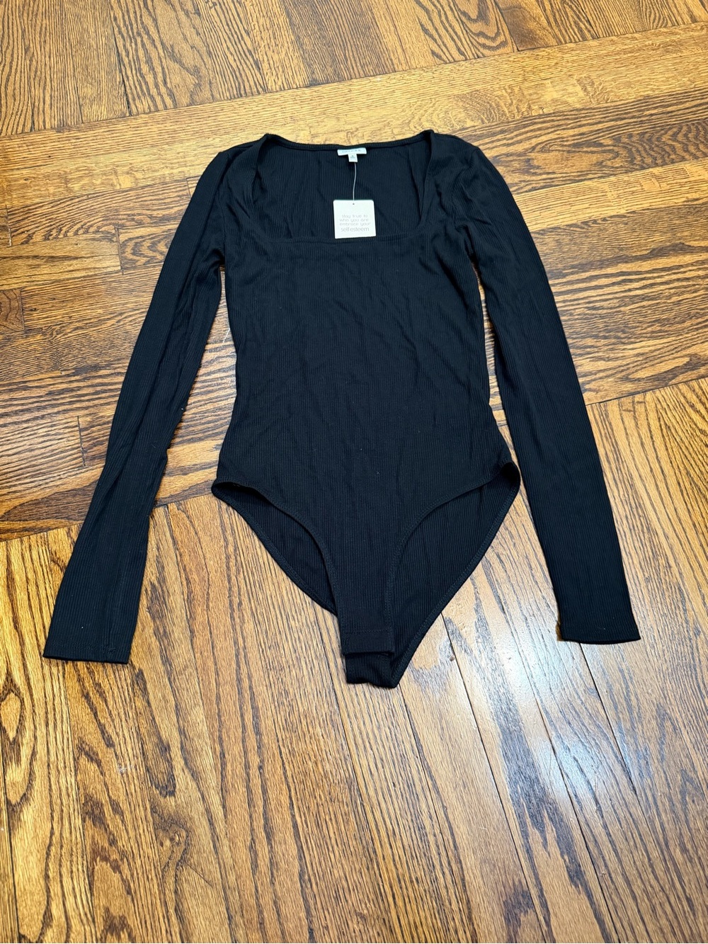 Black Square-Neck Ribbed Long-Sleeve Bodysuit